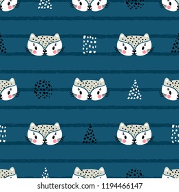 Little cute leopard cat Seamless Pattern for kids. Doodle kitten face. Cat head. Cartoon Animal Vector illustration in Scandinavian style