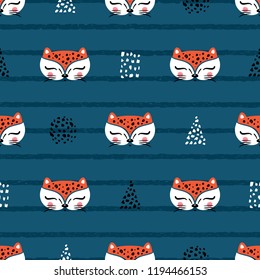 Little cute leopard cat Seamless Pattern for kids. Doodle kitten face. Cat head. Cartoon Animal Vector illustration in Scandinavian style
