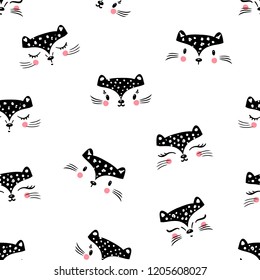 Little cute leopard cat Seamless Pattern for kids. Doodle kitten face. Cat head. Cartoon Animal Vector illustration in Scandinavian style