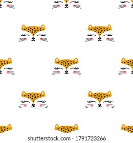 Little cute leopard cat Seamless Pattern for kids. Doodle kitten face. Cat head. Cartoon Animal Vector illustration