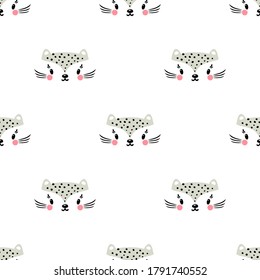 Little cute leopard cat Seamless Pattern for kids. Doodle kitten face. Cat head. Cartoon Animal Vector illustration