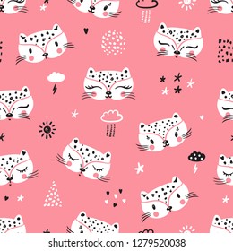 Little Cute leopard Cats with different design elements Seamless Pattern for kids. Doodle kitten face. Cat head. Cartoon Animal Vector illustration in Scandinavian style