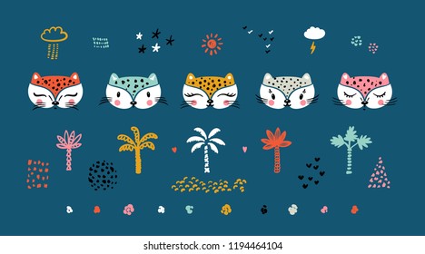 Little Cute Leopard Cats with Palm trees, spots and nature design elements Vector Set. Doodle kitten face. Cat head. Cartoon Animal Vector illustration in Scandinavian style