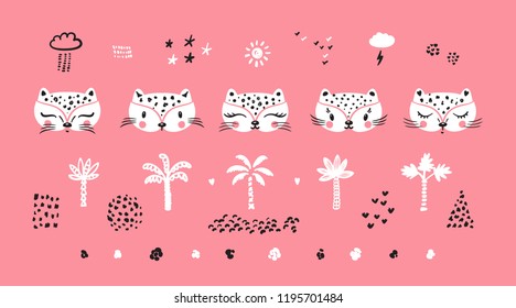 Little Cute Leopard Cats with Palm trees, spots and nature design elements Vector Set. Doodle kitten face. Cat head. Cartoon Animal Vector illustration in Scandinavian style