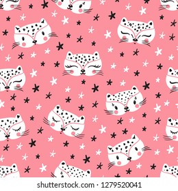 Little Cute leopard Cats with Stars. Seamless Pattern for kids. Doodle kitten face. Cat head. Cartoon Animal Vector illustration in Scandinavian style