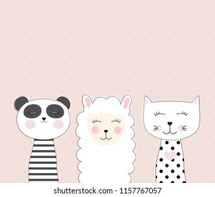 Little cute llama, panda and cat for card and shirt design. Best Friend Concept. Vector Illustration EPS10