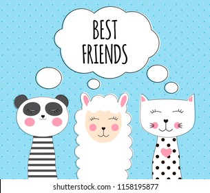 Little cute llama, panda and cat for card and shirt design. Best Friend Concept. Vector Illustration EPS10