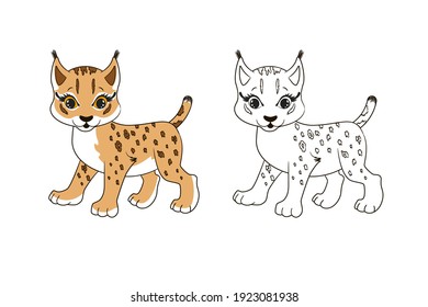 Little cute lynx with tassels on the ears. Coloring book for children. Vector illustration in cartoon style, isolated line art