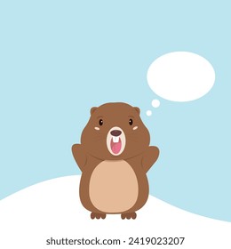 Little cute marmot on a snowy land with blank speech bubble. Write your own prediction. Groundhog Day vector illustration template.