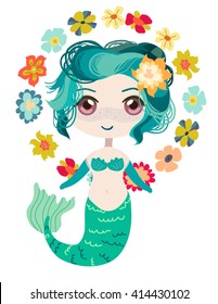 Little cute mermaid. Anime chibi style. 