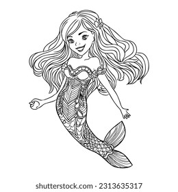 Little cute mermaid coloring page. Coloring book for kids vector illustration.