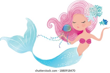 Little cute mermaid with fish and jellyfish, watercolor vector illustration, lovely mermaid graphic for kids prints, t shirts, wallpapers, birthday cards, postcards, kids products, girls swimsuits.