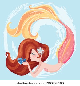 Little cute mermaid with fish, vector illustration, marine collection for girls, cute mermaid graphic for kids prints, t shirts, wallpapers, birthday cards, postcards, kids products, girls swimsuits.