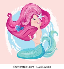 Little cute mermaid with fish, vector illustration, marine collection, lovely mermaid graphic for kids prints, t shirts, wallpapers, birthday cards, postcards, children products, girls swimsuits.