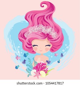 Little cute mermaid with fishes and seashells, vector illustration, lovely mermaid graphic for kids prints, t shirts, wallpapers, birthday cards, postcards, children products, girls swimsuits.