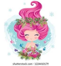 Little cute mermaid with fishes and seashells in christmas theme, lovely mermaid graphic for kids prints, t shirts, wallpapers, birthday cards, postcards, children products.
