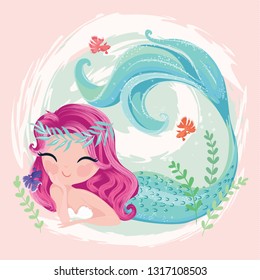 Little cute mermaid with fishes and seashells, vector illustration, lovely mermaid graphic for kids prints, t shirts, wallpapers, birthday cards, postcards, children products, girls swimsuits.