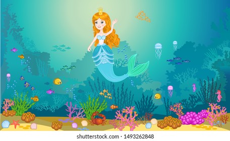 Little cute mermaid with fishes and seashells