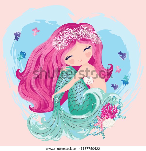 Little cute mermaid with\
fishes and seashells. Book illustration, fashion artworks, t shirt\
graphics.