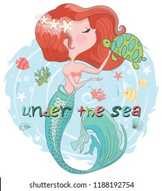 Little cute mermaid girl vector design.Book illustration, t shirt graphics.Sea theme.Beautiful cartoon character.