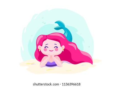 Little cute mermaid lie on the seabed underwater. Character cool design. Sea ocean theme. Vector illustration isolated on white background