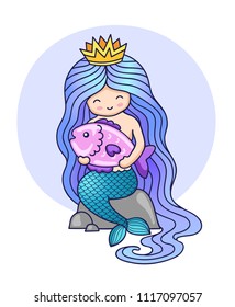 Little cute mermaid with long gradient beautiful hair, sitting on a rock, holding big fish. Cartoon character. Colorful illustration.