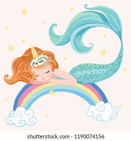 Little cute mermaid on rainbow with stars and clouds vector illustration for children books, t-shirts graphics, patterns, greeting cards.