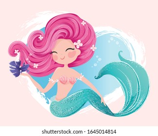 Little cute mermaid with little purple fish, vector illustration, lovely mermaid graphic for kids prints, t shirts, wallpapers, birthday cards, postcards, children products, girls swimsuits.