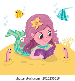 Little cute mermaid is reading book among her sea creatures. Vector hand drawn cartoon style illustration.