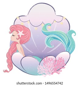 Little Cute Mermaid In Seashell Vector Illustration