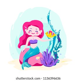 Little cute mermaid sitting on a rock. Siren with fish, coral, shellfish, seaweed. Sea theme. Vector illustration isolated on white background
