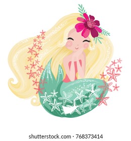 Little cute mermaid with starfishes, vector illustration, marine collection, mermaid graphic for kids prints, t shirts, wallpapers, birthday cards, postcards, children products, girls swimsuits.