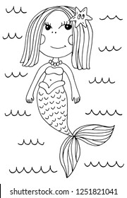 Little cute little mermaid. Vector character from a fairy tale. Doodles, hand-drawn. Illustration for children's book. Picture for coloring.