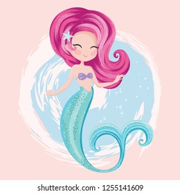 Little cute mermaid vector illustration, lovely mermaid graphic for kids prints, t shirts, wallpapers, birthday cards, postcards, children products, girls swimsuits.