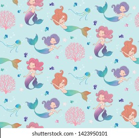 Little cute mermaids with sea animals seamless pattern design