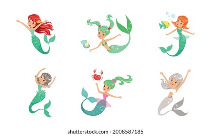 Little Cute Mermaids Set, Beautiful Mythical Colorful Marine Creatures Cartoon Vector Illustration