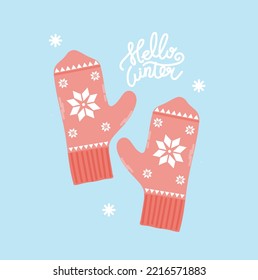 Little Cute Mittens Hello Winter Snowflakes Pattern Light Blue Hands Christmas New Year Happy Holidays Flat Design 