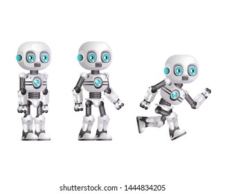 Little cute modern android run stand robot character artificial intelligence isolated white background 3d realistic game design icon vector illustration