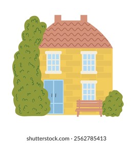 Little cute modern house for happy family. With chimney, roof, windows, door and brickwork. Small urban house. Exterior design. House icon on white background. Flat style illustration.