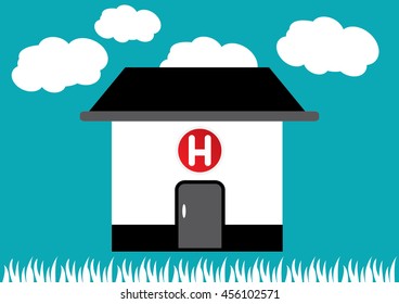 Little cute modern house for happy family. With chimney, roof, windows, door and brickwork. Small urban house. Exterior design. House icon on white background. Flat line style vector illustration.
