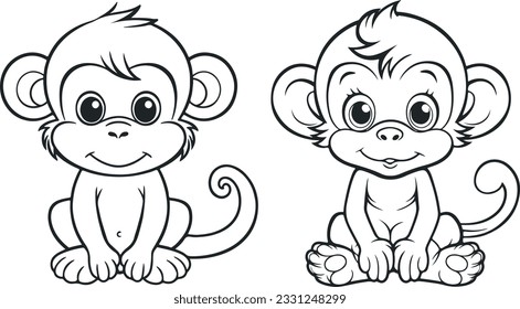 Little Cute Monkey cartoon set. Monkey vector illustration. Black and white outline Monkey coloring book or page for children