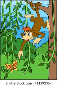 Little cute monkey hangs on the tree and looks at the butterfly