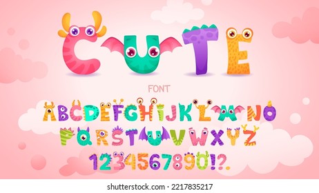 Pequeño alfabeto monstruo lindo para diseño de bebé con graciosas letras de dibujos animados para niños. Fuente Kawaii con números para invitación, tarjeta de saludo, cartel de kindergarten. Ilustración dibujada a mano por vectores.