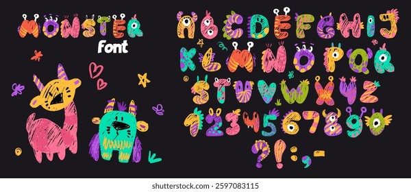 Little cute monster alphabet for baby design with funny cartoon letters for children. Kawaii font with numbers for invitation, greeting card, kindergarten banner. Vector hand drawn crayon illustration