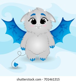 Little Cute Monster Character with Blue Wings Smiling, Cartoon Hand Drawn Vector Illustration EPS 10