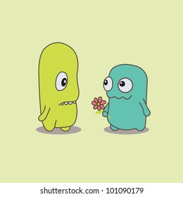 Little cute monster present flower to another one