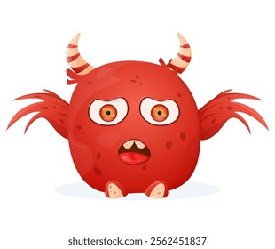 Little cute monster with wings. Emotional monster with red horns. Children's illustration. Character on a white background.