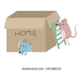 Little cute mouse in box house vector illustration cartoon. Mouse pastel cartoon.