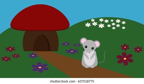 Little cute mouse outside mushroom home vector illustration