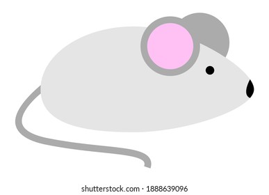 Little cute mouse with pink ears in cartoon style. Vector illustration of a mouse osolated on a white background. Gray rat side view. Mousekin a pet, field rodent lives in a hole likes grain